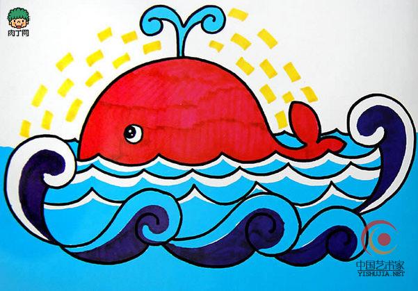 彩笔儿童画图片作品欣赏《喷水的鲸鱼》