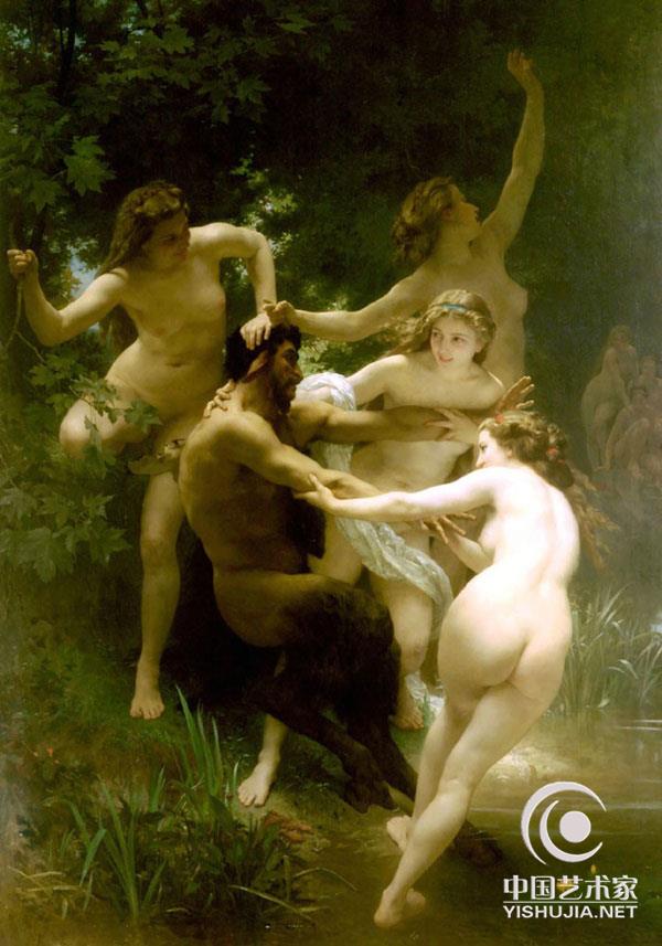 《森林之神与仙女们》 　　这是阿道夫·威廉·布格罗创作的一幅充满形式美感的作品。画家描绘了美丽的仙女们与森林之神在跳舞、嬉戏，塑造了充满诗意的神话人物形象及相互关系被刻划得维妙维肖。在森林幽暗的背景前，女裸体被画家以唯美的形式给予完美展示，特别是近景处的那位裸体女郎，背部丰腴柔美，线条流畅，匀称和谐，堪称无可挑剔，炉火纯青。这是一幅弥漫着音乐与诗情的作品，是“回到自然”的浪漫主义杰作。