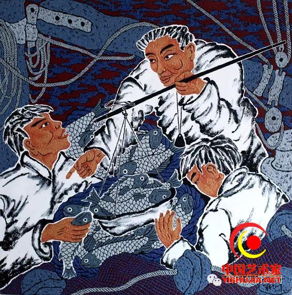 《船上鱼市》 120*120cm 海沙画 2011年 《船上鱼市》 120*120cm 海沙画 2011年