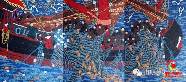 《牵网》 120 *270cm 海沙画 2012年 《牵网》 120 *270cm 海沙画 2012年
