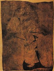 《人物龙凤帛画》战国画在丝织品上以墨线勾勒