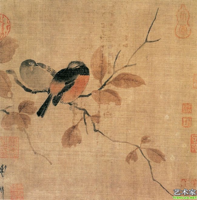 秋叶鸲莺图