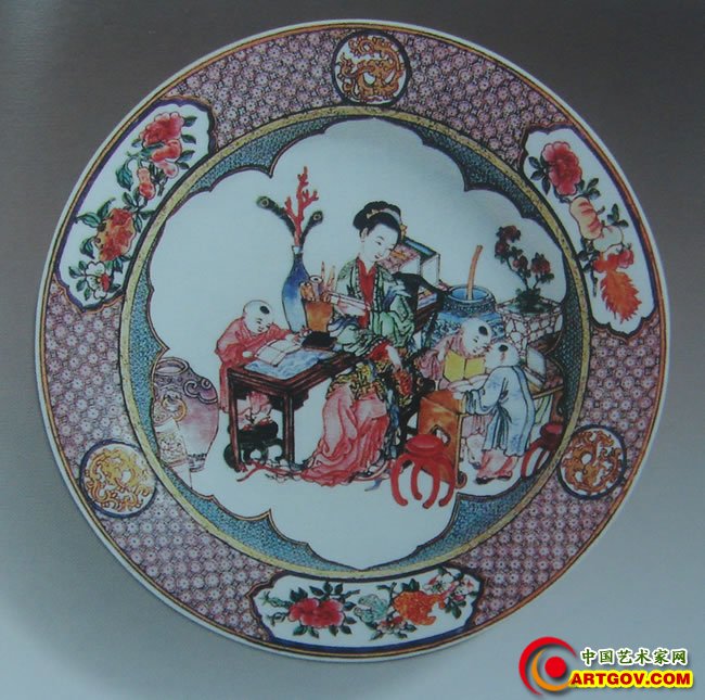 清雍正粉彩教子图盘